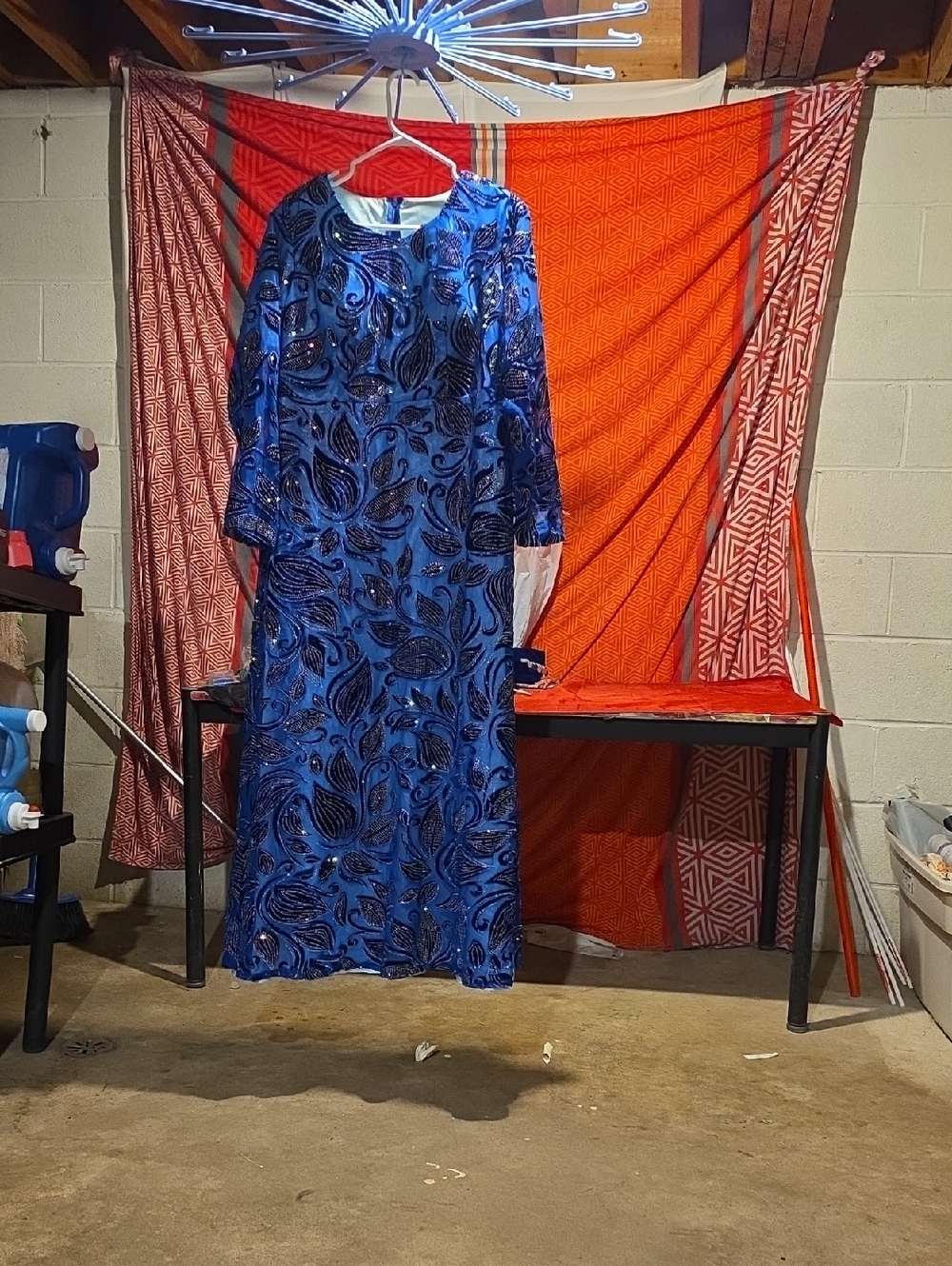 Embroidered Blue Maxi Dress with Long Sleeves